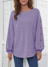 ROTITA Decorative Button Purple Long Sleeve T Shirt