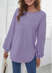 Purple tops,Plain Color tops,ROTITA Decorative Button Purple Long Sleeve T Shirt