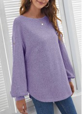 Purple tops,Plain Color tops,ROTITA Decorative Button Purple Long Sleeve T Shirt