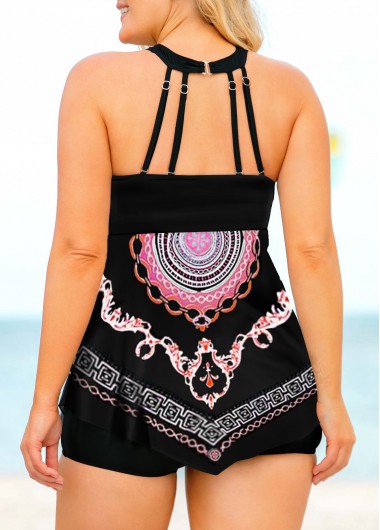 Pink plus size,Tribal plus size,ROTITA Plus Size Bib Neck Tribal Print Swimdress and Shorts