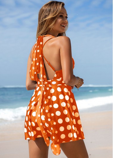 Orange swimwear,Dot swimwear,ROTITA Cross Strap Polka Dot Tie Back Swimdress and Panty