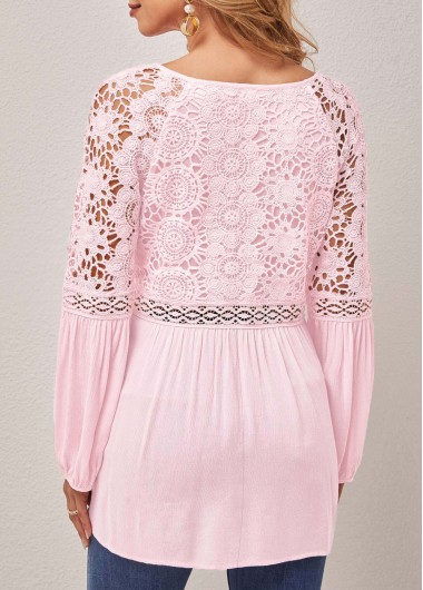 Pink tops,Plain Color tops,ROTITA Pink Lace Stitching Tassel Asymmetric Neck Blouse