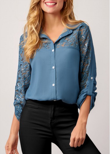Denim Blue tops,Plain Color tops,ROTITA Embroidered Mesh Stitching Sequin Denim Blue Blouse