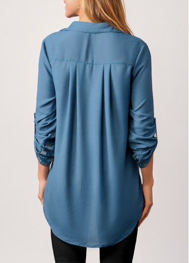 Denim Blue tops,Plain Color tops,ROTITA Embroidered Mesh Stitching Sequin Denim Blue Blouse