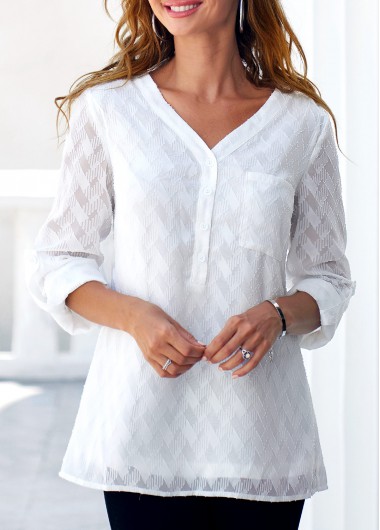 ROTITA Pocket V Neck White Long Sleeve Blouse | Rotita.com - USD $36.98