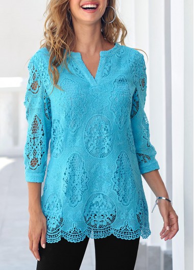 Light Blue tops,Plain Color tops,ROTITA Sky Blue Lace Split Neck 3/4 Sleeve Blouse