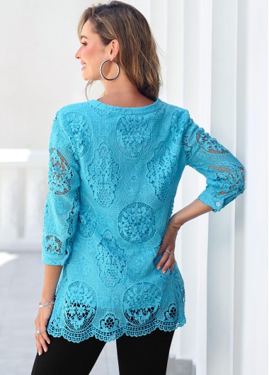 Light Blue tops,Plain Color tops,ROTITA Sky Blue Lace Split Neck 3/4 Sleeve Blouse