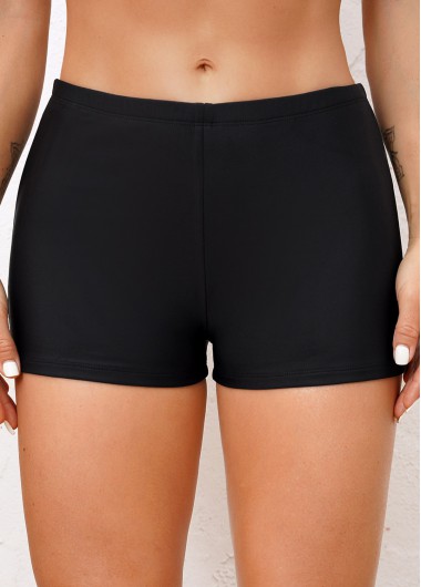 Black swimwear,Plain Color swimwear,ROTITA Mid Waisted Black Elastic Detail Swimwear Shorts