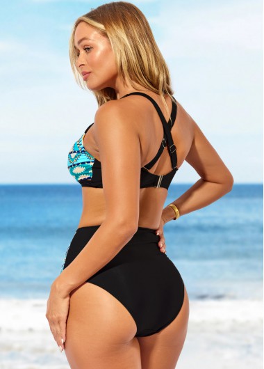 Black swimwear,Tribal swimwear,ROTITA Black Tribal Print High Waisted Cross Strap Bikini Set