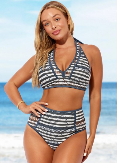 Striped swimwear,ROTITA Textured Halter High Waisted Color Block Bikini Set