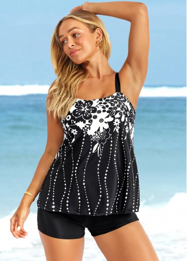 Black swimwear,Floral swimwear,ROTITA Floral Print Black Wide Strap Tankini Top