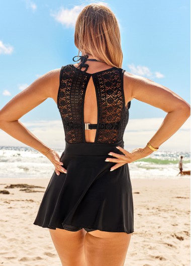Black swimwear,Plain Color swimwear,ROTITA Black Lace Stitching Mid Waist Swimdress and Shorts