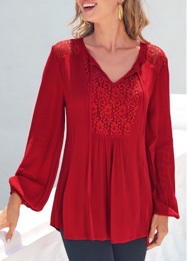 Red tops,Plain Color tops,ROTITA Red Lace Stitching Long Sleeve T Shirt