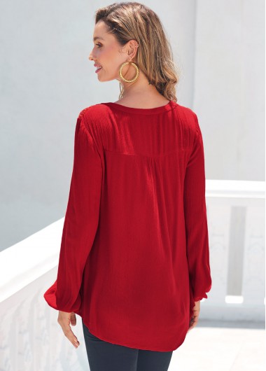 Red tops,Plain Color tops,ROTITA Red Lace Stitching Long Sleeve T Shirt