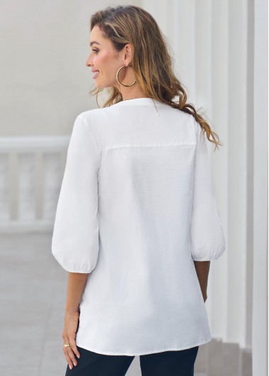 White tops,Plain Color tops,ROTITA Hollow Out Embroidered Split Neck White Blouse