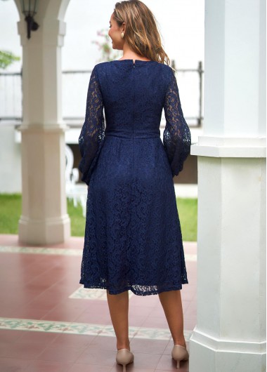 Navy dresses,Plain Color dresses,ROTITA Paisley Lace Panel Drawstring Waist Navy Blue Dress