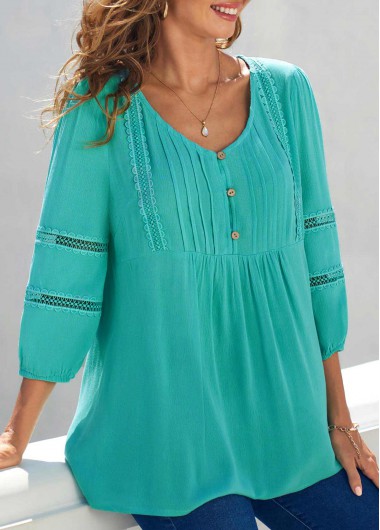 Cyan tops,Plain Color tops,ROTITA Lace Trim V Neck Cyan 3/4 Sleeve Blouse