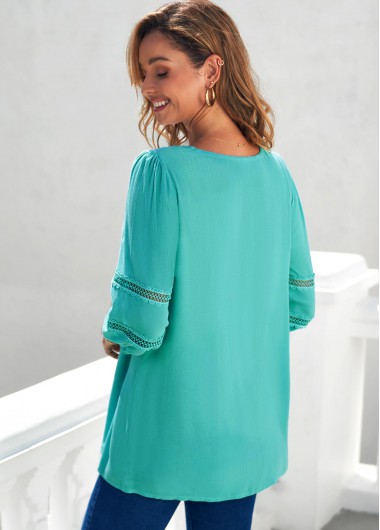 Cyan tops,Plain Color tops,ROTITA Lace Trim V Neck Cyan 3/4 Sleeve Blouse