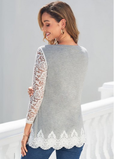 Light Grey Marl tops,Contrast Color tops,ROTITA Grey Marl Lace Stitching V Neck T Shirt