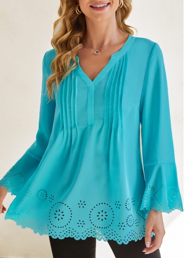 Cyan tops,Plain Color tops,ROTITA Laser Cut Flare Sleeve Cyan Split Neck Blouse