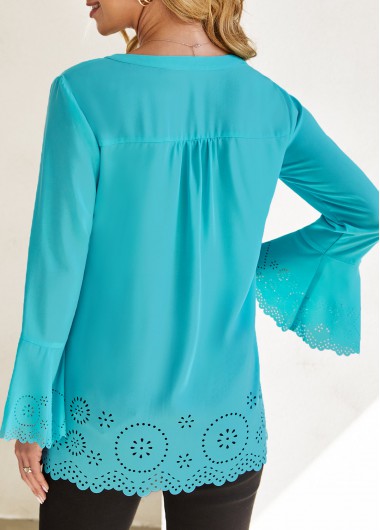 Cyan tops,Plain Color tops,ROTITA Laser Cut Flare Sleeve Cyan Split Neck Blouse