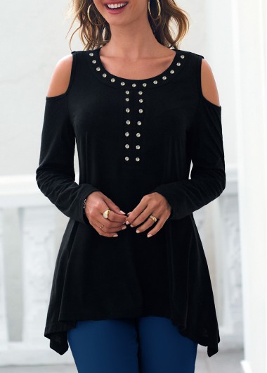 Black tops,Plain Color tops,ROTITA Cold Shoulder Black Rhinestone Asymmetric Hem T Shirt