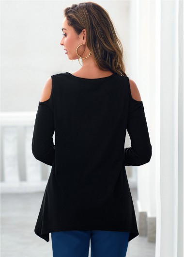 Black tops,Plain Color tops,ROTITA Cold Shoulder Black Rhinestone Asymmetric Hem T Shirt