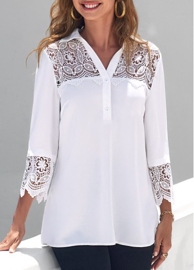 White tops,Plain Color tops,ROTITA White Lace Patchwork Turndown Collar 3/4 Sleeve Blouse