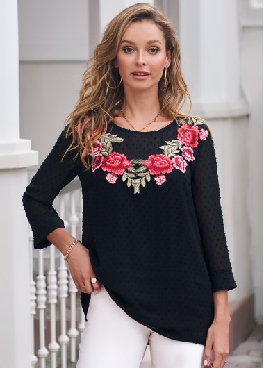 Black tops,Floral tops,ROTITA Flower Applique 3/4 Sleeve Black Round Neck Blouse