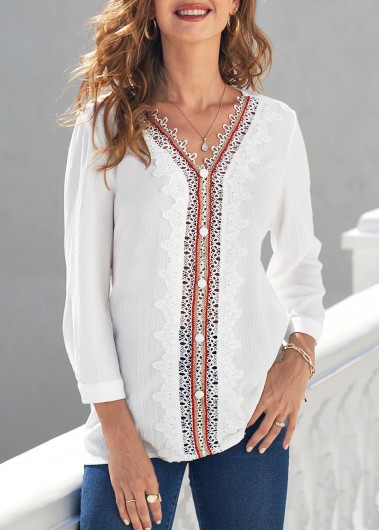 White tops,Contrast Color tops,ROTITA Lace Stitching 3/4 Sleeve White Blouse
