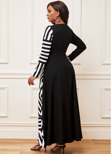 Black dresses,Geometric dresses,ROTITA Geometric Print Black Long Sleeve Maxi Dress