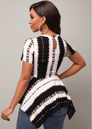 Multi Color tops,Striped tops,ROTITA Striped Asymmetric Hem Color Block Blouse