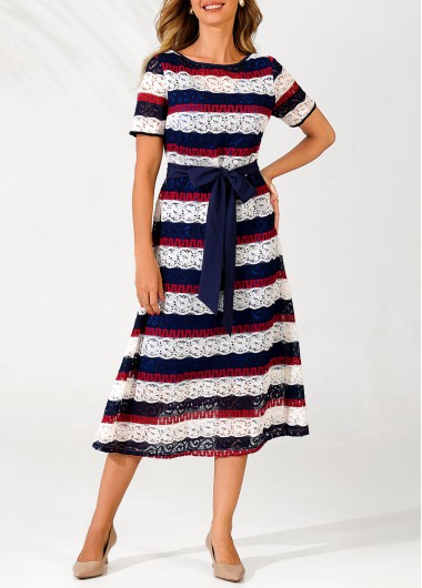 Multi Color dresses,Striped dresses,ROTITA Striped Lace Panel Color Block Belted Dress