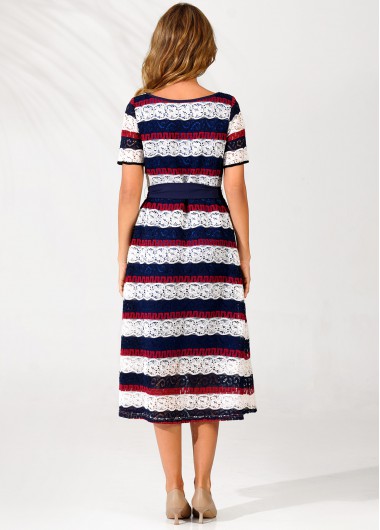 Multi Color dresses,Striped dresses,ROTITA Striped Lace Panel Color Block Belted Dress
