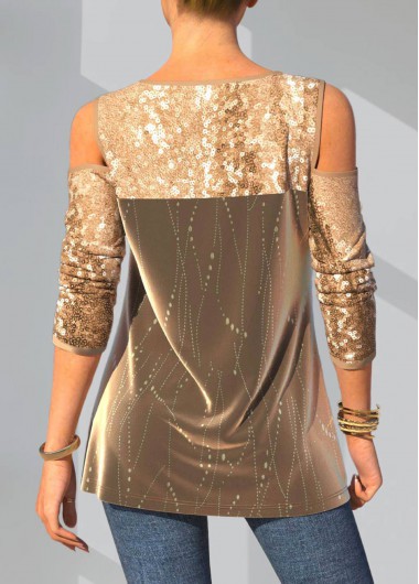 Gold tops,Plain Color tops,ROTITA Christmas Design Sequin Gold Cold Shoulder T Shirt