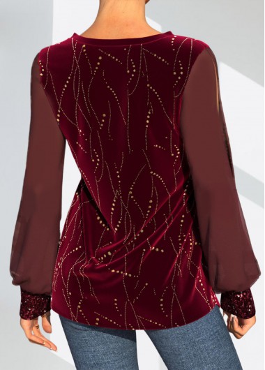 Wine Red tops,Plain Color tops,ROTITA Wine Red Christmas Design Velvet Stitching T Shirt