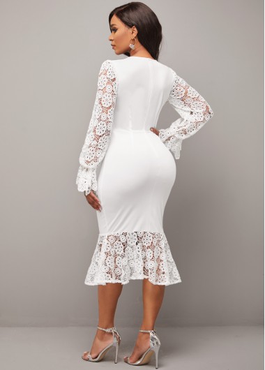 White dresses,Plain Color dresses,ROTITA White Lace Stitching V Neck Mermaid Dress
