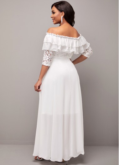 White dresses,Plain Color dresses,ROTITA Lace Stitching Flounce Off Shoulder White Dress