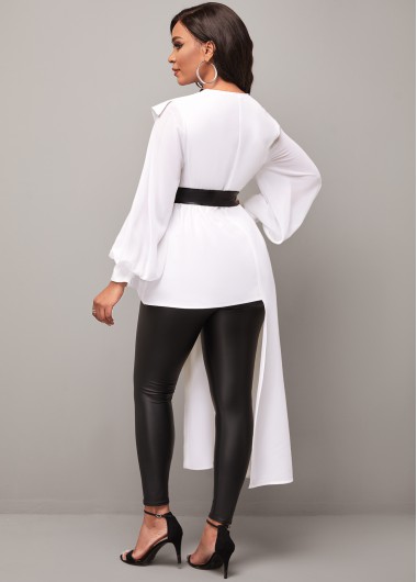 White tops,Plain Color tops,ROTITA Asymmetric Hem White Chiffon Panel Peter Pan Collar Blouse