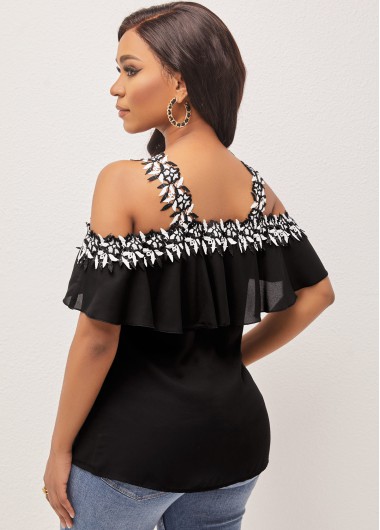 Black tops,Contrast Color tops,ROTITA Black Flounce Lace Stitching Cold Shoulder Blouse