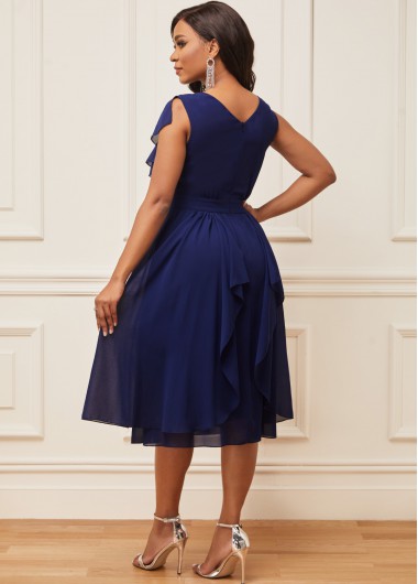 Navy dresses,Plain Color dresses,ROTITA Chiffon V Neck Navy Blue Short Sleeve Dress
