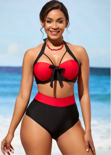 Contrast Color swimwear,ROTITA High Waisted Color Block Bowknot Bikini Set