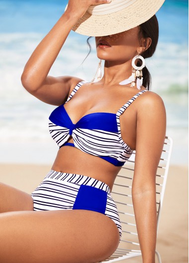 Royal Blue swimwear,Striped swimwear,ROTITA Stripe Print Contrast Royal Blue Bikini Set