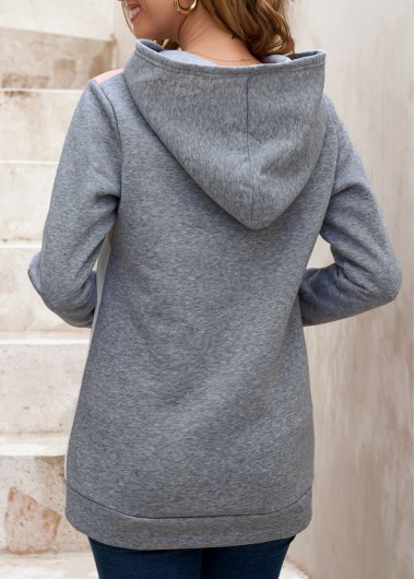 Grey tops,Contrast Color tops,Decorative Button Grey Contrast Long Sleeve Hoodie