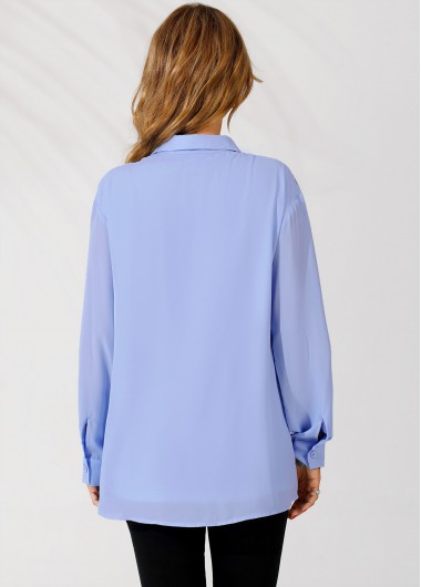 Blue tops,Plain Color tops,ROTITA Lace Trim Blue Turndown Collar Long Sleeve Blouse
