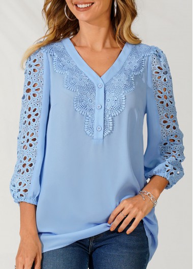 Light Blue tops,Plain Color tops,ROTITA V Neck Lace Stitching Sky Blue Blouse