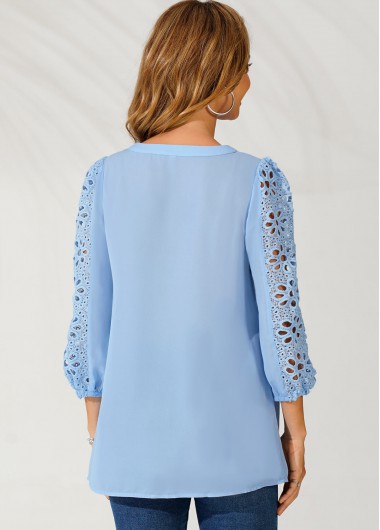 Light Blue tops,Plain Color tops,ROTITA V Neck Lace Stitching Sky Blue Blouse