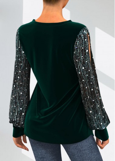 Green tops,Contrast Color tops,ROTITA Velvet Stitching Sequin Dark Green Split Neck T Shirt