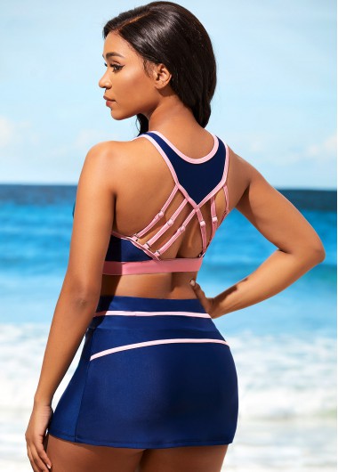 Contrast Color swimwear,ROTITA Contrast Stitch Navy Blue High Waist Bikini Set