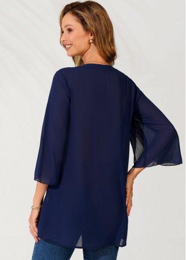 Navy tops,Plain Color tops,ROTITA Bowknot Crossover Hem Navy Blue Blouse